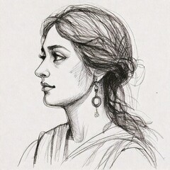 A pencil portrait of a woman with a side profile.