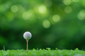 A golf ball is sitting on a tee in a green field. Concept of calm and relaxation, as the golf ball is surrounded by lush green grass and there is no indication of any activity or movement