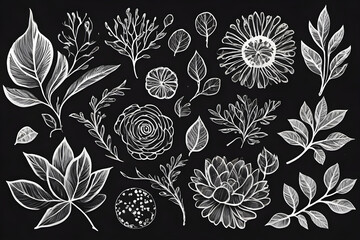 White chalk drawing representing flowers, leaves, and branches on a blackboard