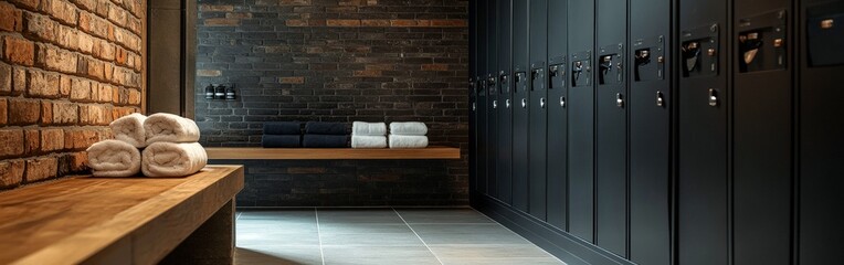 Modern gym locker room with neat folded towels