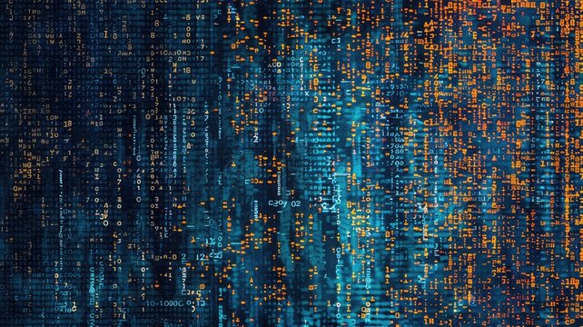Explore a dynamic dark blue tech background featuring a captivating display of binary code and abstract patterns, perfect for digital design and coding projects.