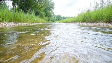 Fototapeta premium A shallow river with clear flowing water runs through a green grassy valley under a bright sky.