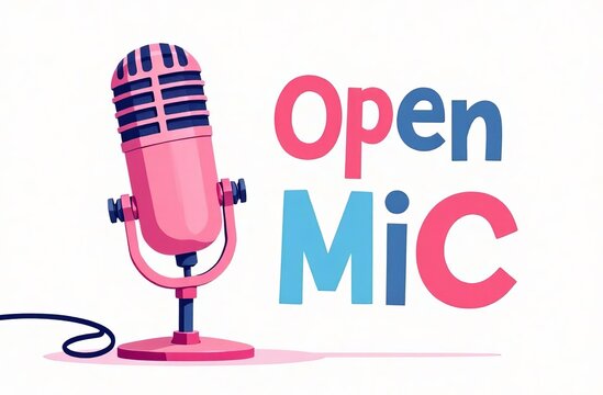 Colorful open mic event concept with retro microphone for music and entertainment themes