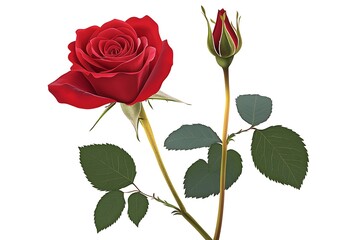 Realistic vector of red rose with leaves and stem, isolated on white background, detailed.