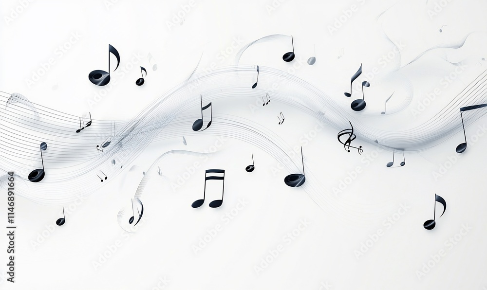 Poster abstract design featuring musical notes and flowing lines on a light background.