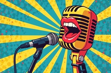 Vibrant retro microphone and lips with pop art style for creative media and music enthusiasts