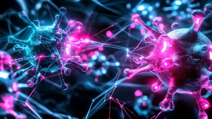 A vibrant, abstract representation of viruses with colorful highlights, showcasing their structure and connections in a digital, scientific context.