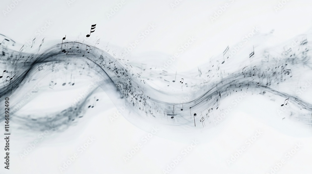 Poster abstract representation of musical notes flowing in a wave pattern.