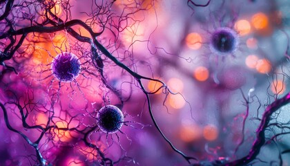 A vibrant close-up of neural connections, showcasing intricate patterns and glowing elements, representing the complexity of the nervous system.