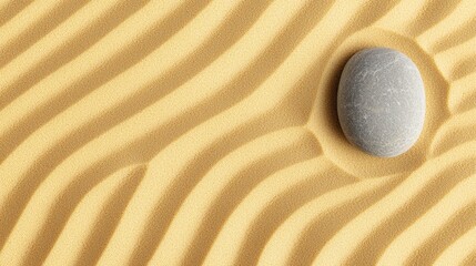 Serene ambiance and relaxing spiritual, A smooth stone rests on gently undulating sandy patterns, creating a serene and tranquil composition emphasizing nature's beauty.