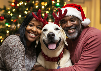 Smiling middle-aged black woman and man in Santa hat hugging their dog in deer antlers, Christmas tree lights on background
