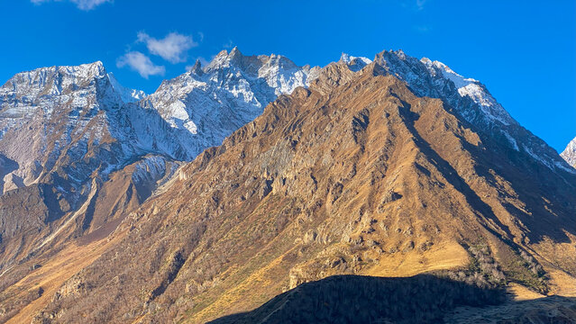 beautiful rugged snow clad himalayan mountain peaks on the way to Adi Kailash