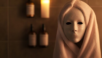 A mysterious figure with a blank mask wrapped in a towel stands in a dimly lit bathroom, creating an eerie yet intriguing atmosphere.