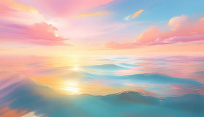Obraz premium A serene sunrise over a calm ocean, with soft waves, golden reflections, and a pastel-color