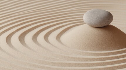 Serene ambiance and relaxing spiritual, A serene arrangement of sand with a stone at its center, creating gentle ripples and a calming, minimalist aesthetic.