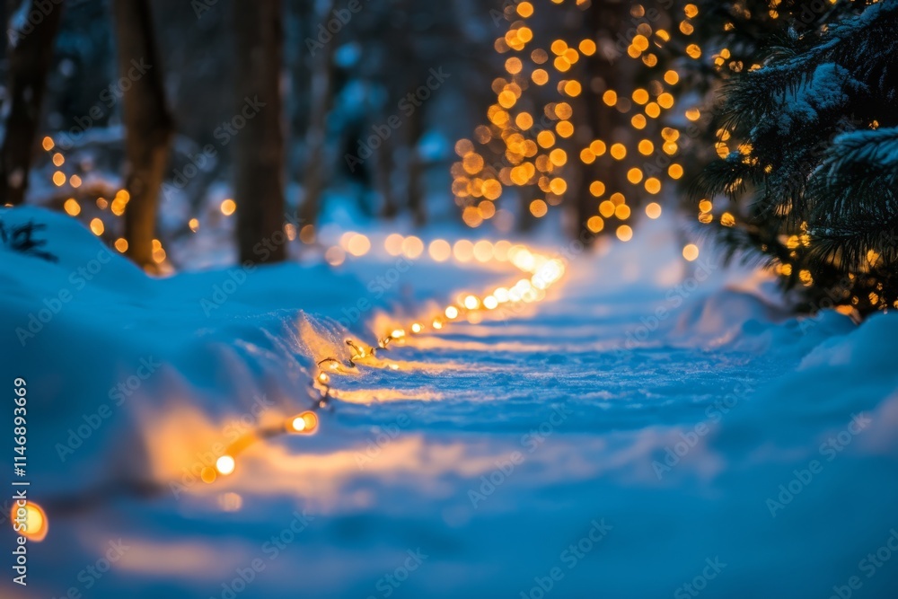 Poster a serene winter scene featuring a snow-covered path adorned with glowing festive lights, creating a 