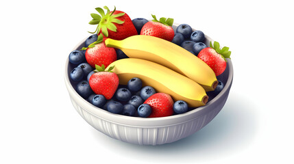 A bowl filled with bananas, strawberries, and blueberries, showcasing fresh fruit.