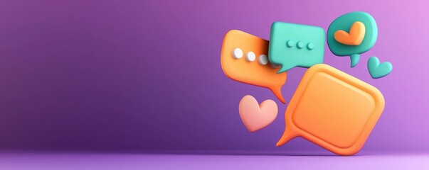 Colorful speech bubbles with hearts on a purple background, representing communication, connection, and social interaction.