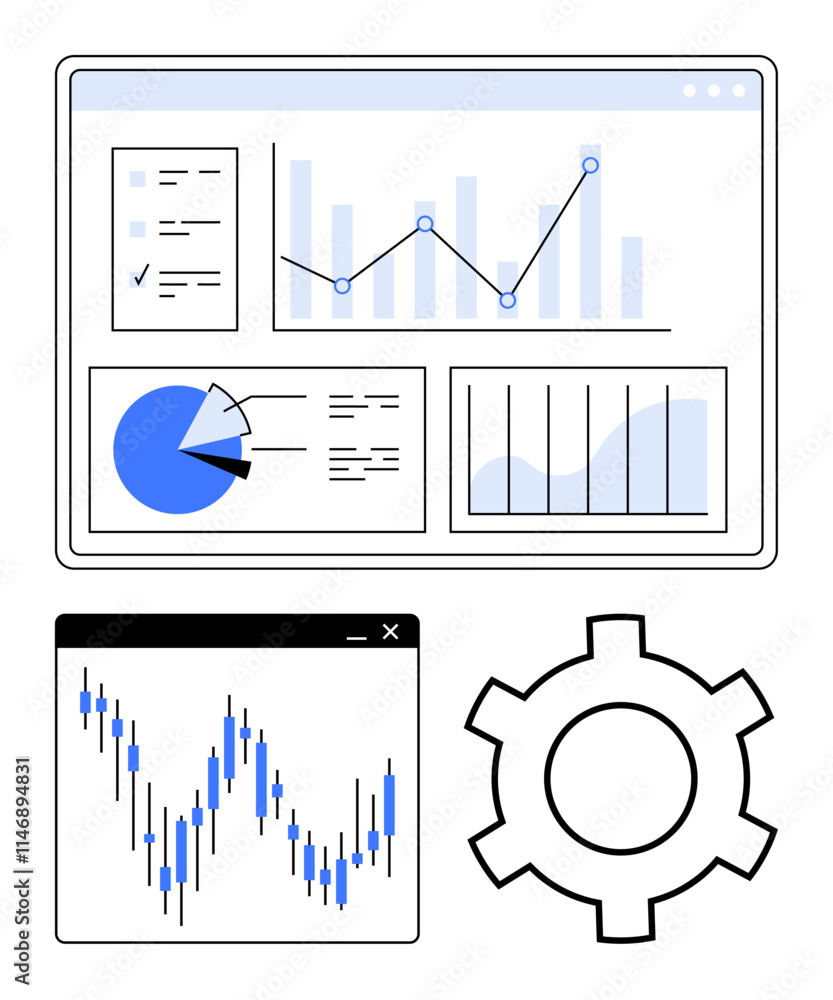 Aufkleber charts, graphs, and a gear icon displayed in a dashboard interface. ideal for data analysis, busines