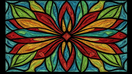 Colorful stained glass design featuring vibrant leaves and floral patterns.