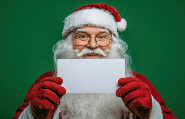 A joyful Santa Claus with a long white beard and red attire smiles while holding a blank card. The...