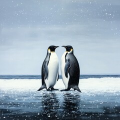 Obraz premium Two penguins standing on a beach, one of them is looking at the other. Scene is peaceful and serene, as the penguins seem to be enjoying each other's company in a beautiful natural setting