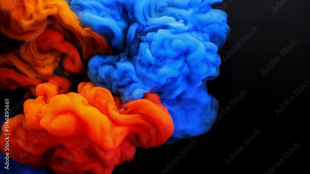 Poster swirls of vibrant ink in red, blue, and orange blend beautifully against a dark backdrop, creating a
