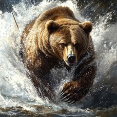 Fototapeta premium A bear is running through the water, with its paws in the water and its head above the water