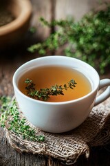 Cup of tea with thyme. Selective focus