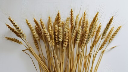 Against a stark white backdrop, golden wheat stalks are tastefully arranged to highlight the abundance of nature