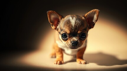 A tiny chihuahua puppy curiously investigates its environment under soft, warm lighting, showcasing its playful personality and bright eyes