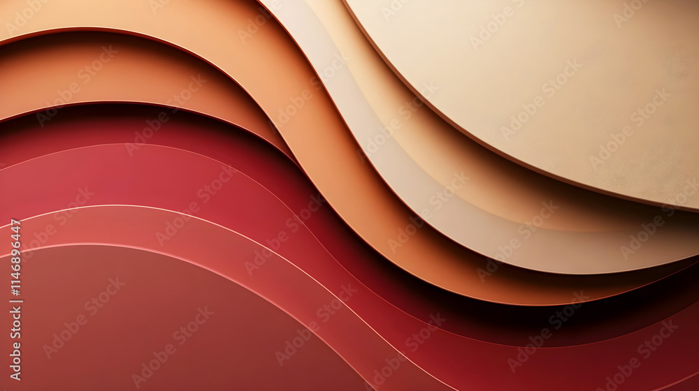 Poster abstract composition of layered wavy shapes in warm earthy tones of red, orange, and beige, creating