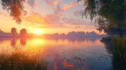 Fototapeta premium Serene sunset over calm lake with trees and birds.