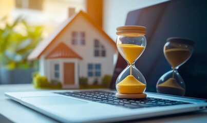 An hourglass on a laptop with a house model, symbolizing time management in real estate.