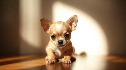 A tiny chihuahua puppy curiously explores a warm wooden floor, bathed in soft sunlight in a comfortable indoor setting, showcasing playful innocence and charm
