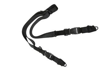 Black adjustable shoulder strap with quick-release buckles and D-rings, suitable for bags or gear,...