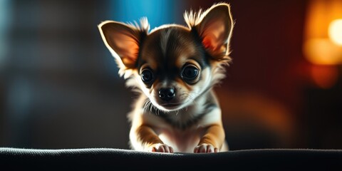 A tiny chihuahua puppy curiously looks around while perched on a soft surface in a warmly lit room. Its playful demeanor captures the essence of puppyhood