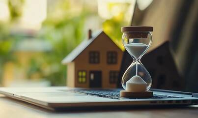 An hourglass on a laptop with wooden houses in the background.