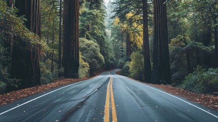 Obraz premium Open space above a winding road bordered by majestic redwood trees during a road trip