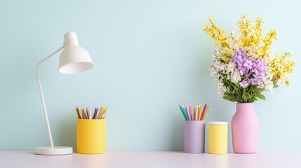 Pastel desk with lamp, flowers, and colored pencils.