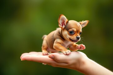 A tiny chihuahua puppy joyfully runs on an open hand, surrounded by vibrant green foliage under warm sunlight, showcasing the playful spirit of youth