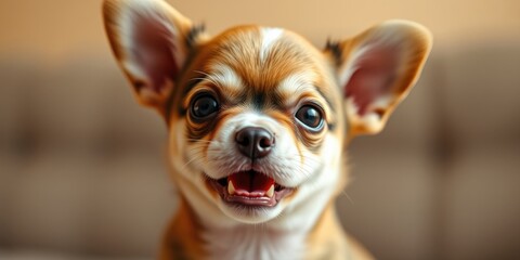 A tiny chihuahua puppy with a cheerful expression sits on a plush blanket in a cozy room, radiating warmth and playfulness in the afternoon light