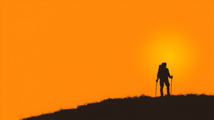 Fototapeta premium A minimalist representation of a person hiking with a walking stick, symbolizing exploration. Hiking with walking stick.