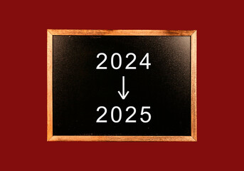 A blackboard on a red background depicts the transition from 2024 to 2025