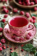 cup of tea with raspberries. Selective focus