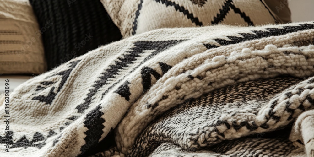 Poster a blanket with a black and white design is piled on top of another blanket. the blankets are arrange