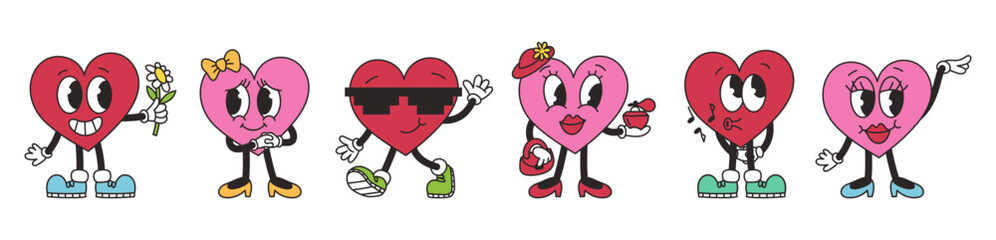 Groovy lovely hearts set. Love concept. Happy Valentines Day. Cheerful happy heart character in trendy retro style. Vector illustration