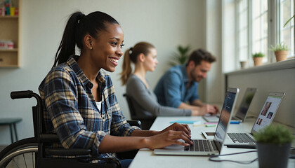 A young African American woman with a sleek ponytail wearing a casual flannel shirt in a wheelchair working on a laptop in office