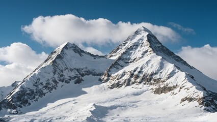 Majestic Snow-Covered Mountain Peak with Clear Blue Skies on White Background
