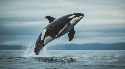 Fototapeta premium An orca leaps from the water against a cloudy sky backdrop.